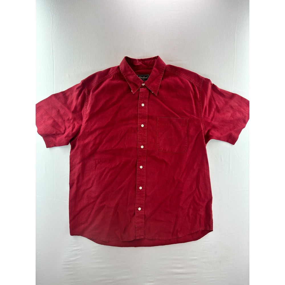 Eddie Bauer Mens Red 100% Linen Short Sleeve Button Down Shirt Large VEND 04402